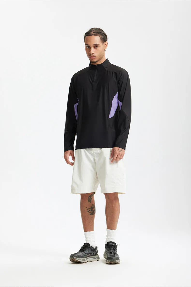 Men's solid colour lightweight polyester casual top shown in black and beige, available in long sleeve and short sleeve styles.