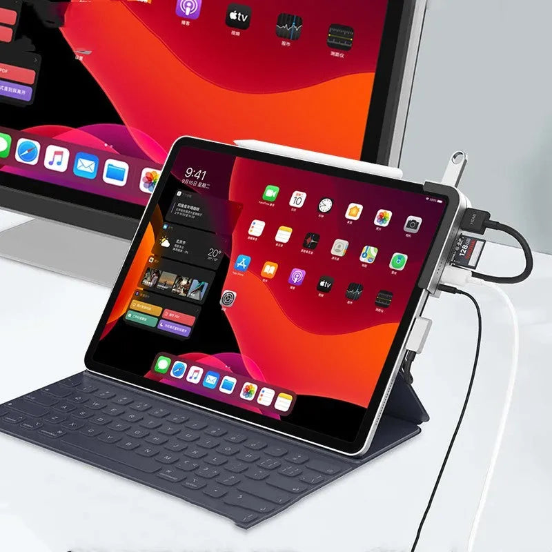 Silver aluminium grey USB-C docking station for iPad Pro with HDMI port and card readers