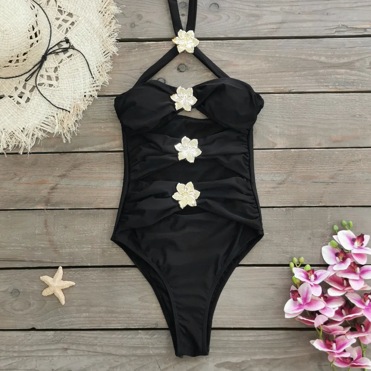 Solid colour high-waisted one-piece swimsuit for women with a separate matching short skirt.
