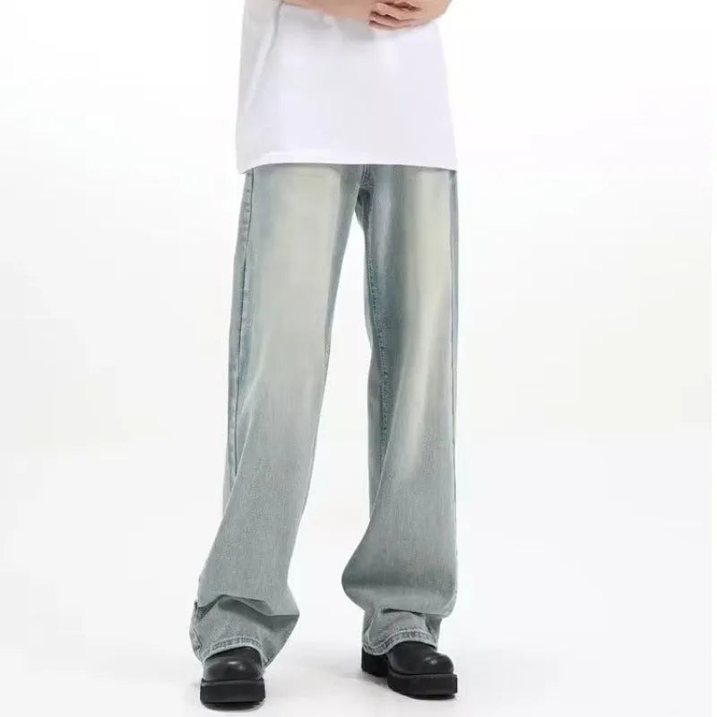 Blue loose-fit retro casual trousers made from rabbit fur fabric on a plain background.