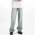 Blue loose-fit retro casual trousers made from rabbit fur fabric on a plain background.