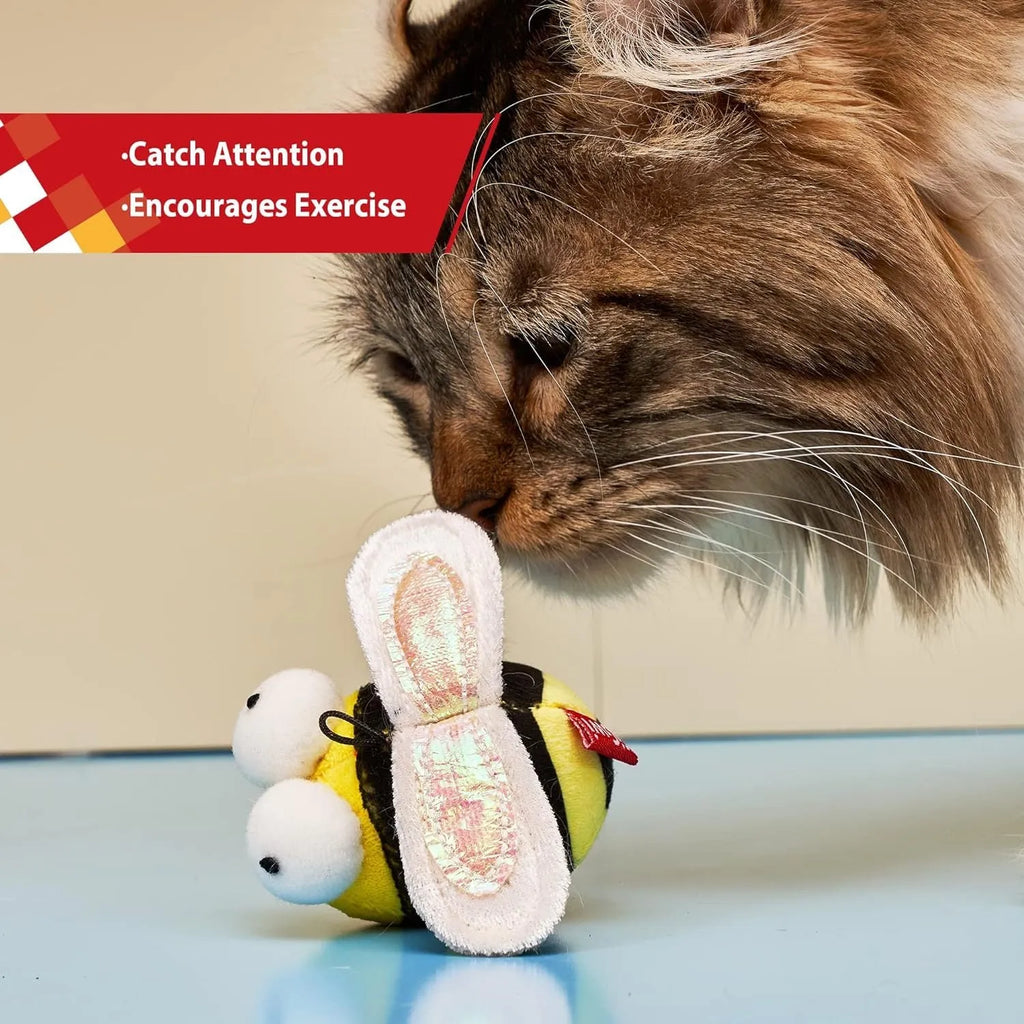 Yellow electronic chirpy bee sound toy for cats with flannelette fabric and motion-activated squeaking