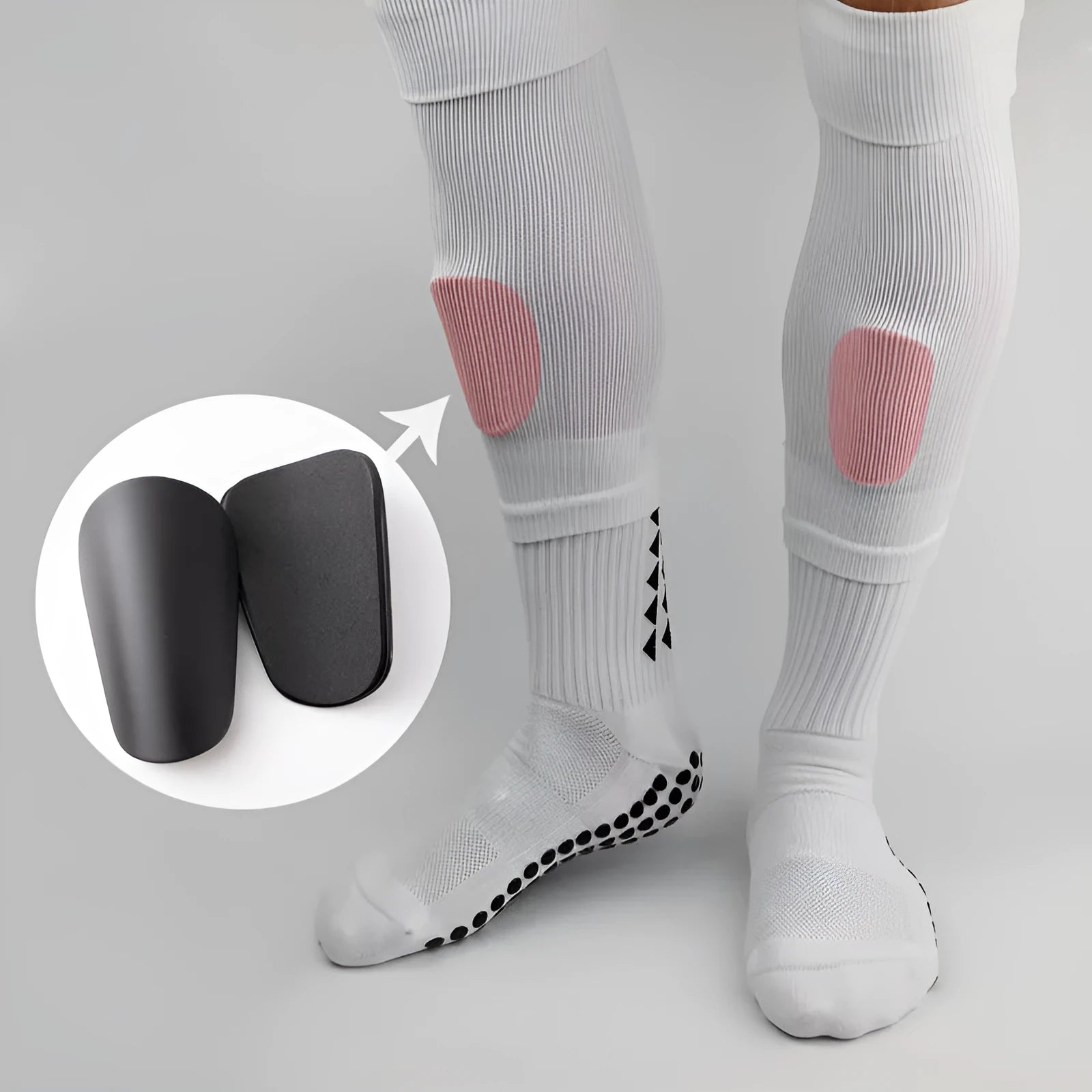 PU mini shin guards for football and sports protection in black, white, red, and blue colours.