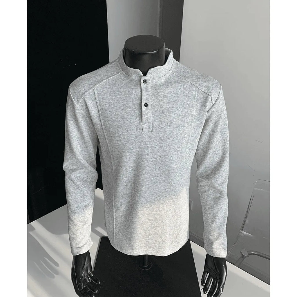 Men's loose fit asymmetric patchwork polo shirt with stand-up collar in heather gray.