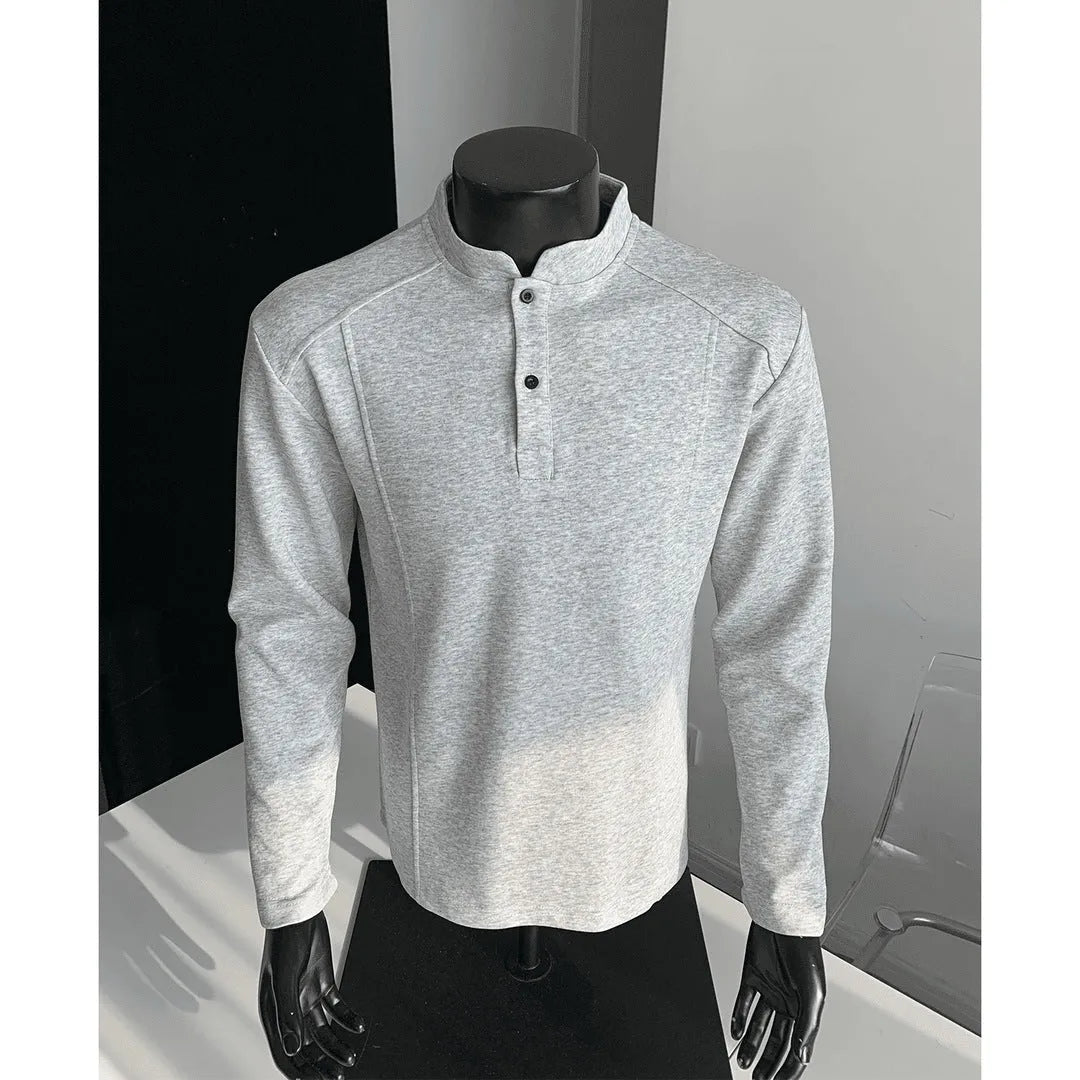 Men's loose fit asymmetric patchwork polo shirt with stand-up collar in heather gray.