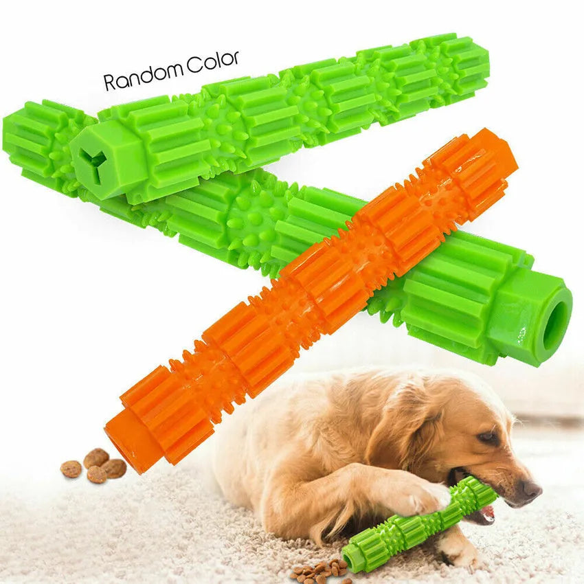 Green and orange durable rubber dog chew toy with treat-dispensing hole for aggressive chewers.