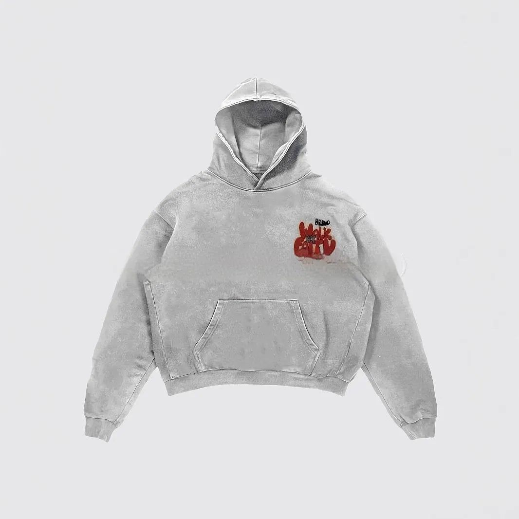Women's granny grey vintage harajuku hoodie with character letter print and front pocket.