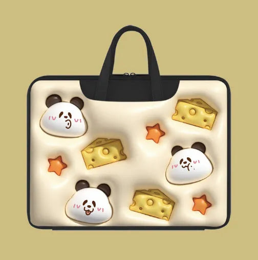 Inflatable PU leather laptop bag with hanging strap shown in a cute panda pattern design.