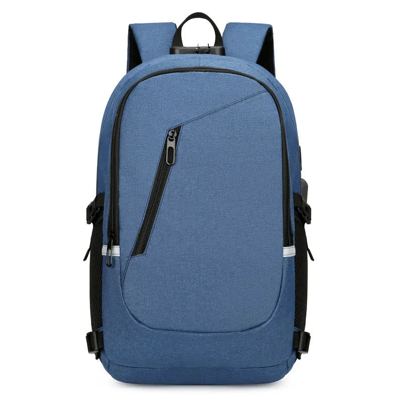 Oxford cloth computer backpack in blue colour showing front compartment and shoulder straps