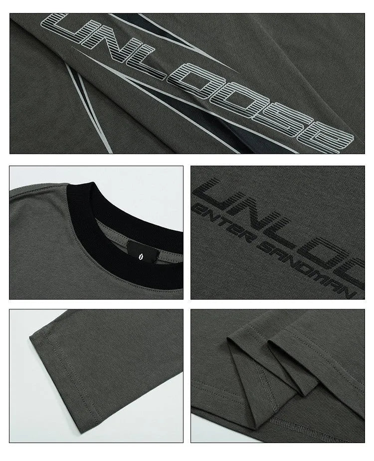 Grey khaki men's cotton sweatshirt with round neck, drop shoulders, and letter print.