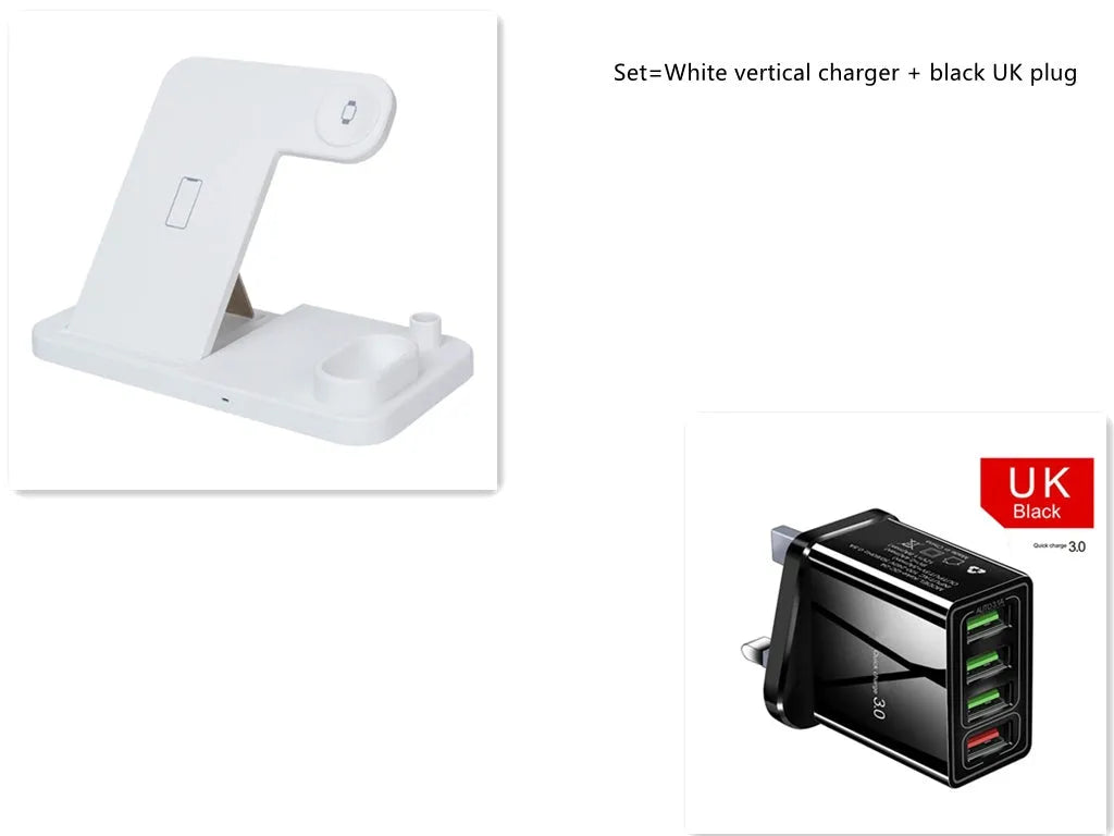 Black 4-in-1 wireless charging station showing phone, Apple Watch, AirPods, and Apple Pencil charging simultaneously.