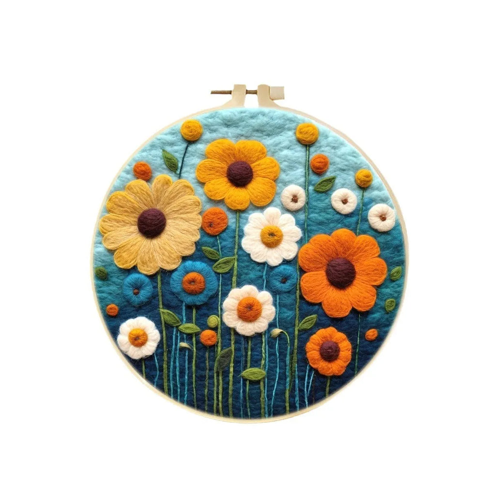 Round linen fabric embroidery kit with free hoop for making a 20x20 cm three-dimensional floral blanket painting.