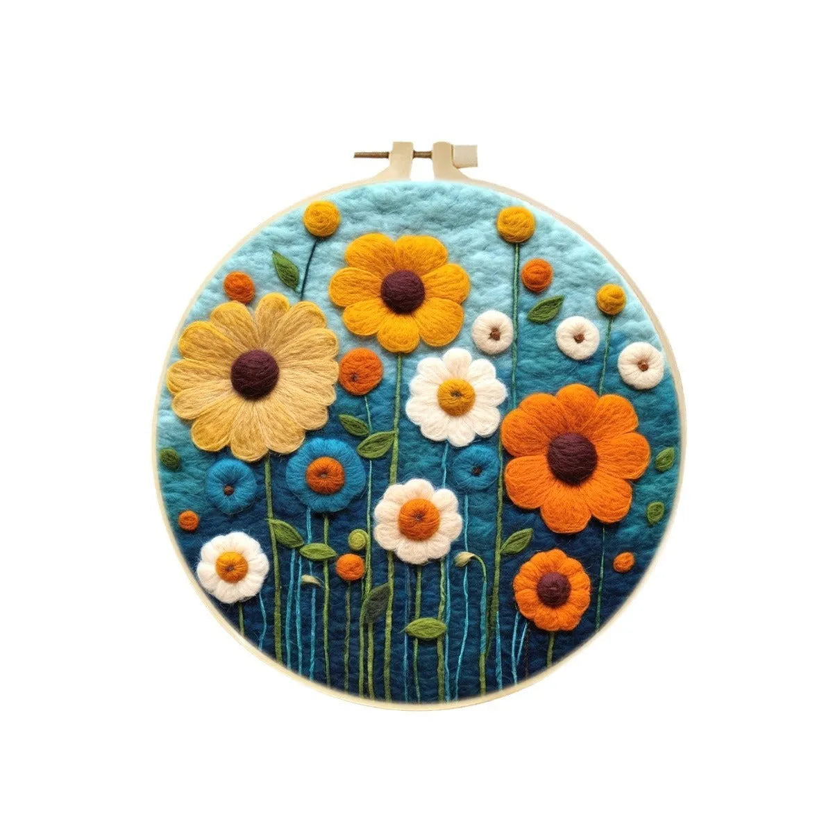 Round linen fabric embroidery kit with free hoop for making a 20x20 cm three-dimensional floral blanket painting.