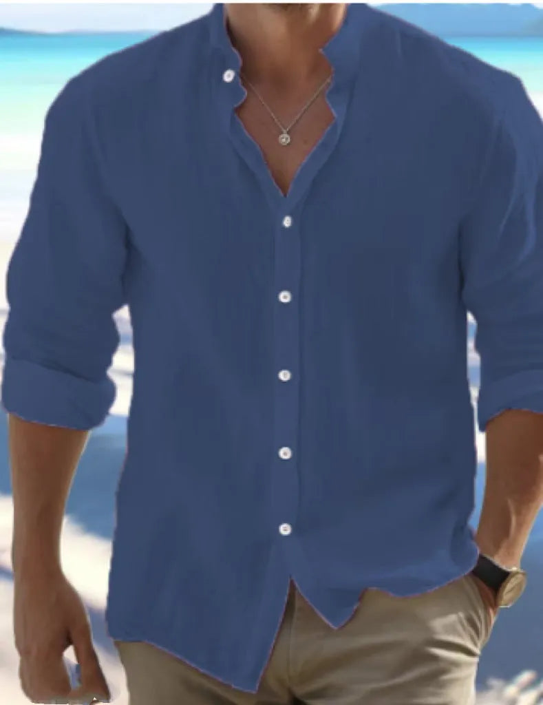 Men's casual button summer shirt in long-staple cotton, shown in a pullover style.