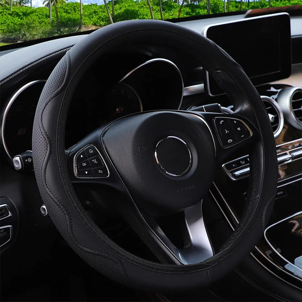 Elastic embossed corrugated PU leather steering wheel cover for 37-38cm diameter wheels in multiple colours.