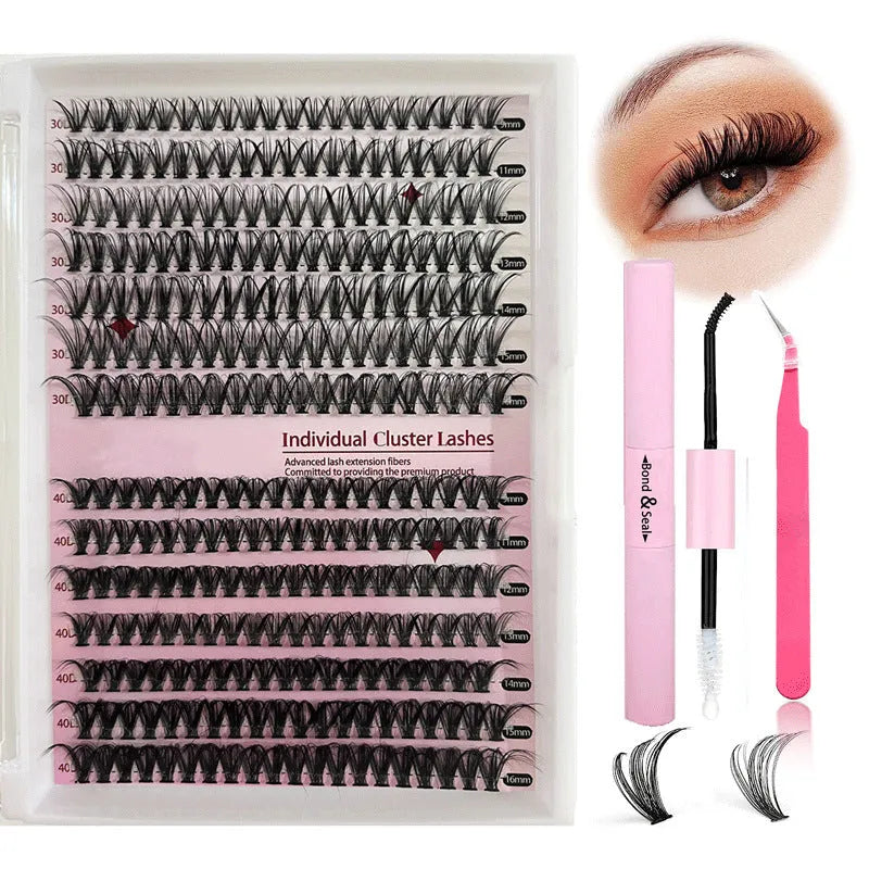 Mixed package of DIY cluster false eyelashes showing 30D and 40D densities with tweezers