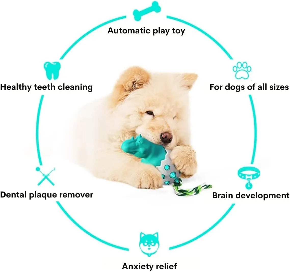 Blue durable rubber dinosaur dog chew toy with nylon rope for aggressive chewers