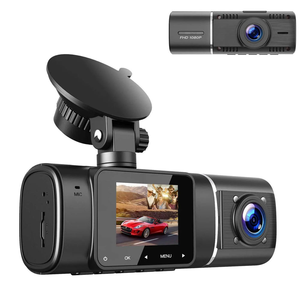 Black dash cam with 1.5-inch screen mounted on car windscreen showing dual camera recording.