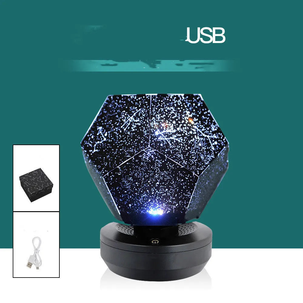 LED star projector night light showing constellation projection on a bedroom ceiling