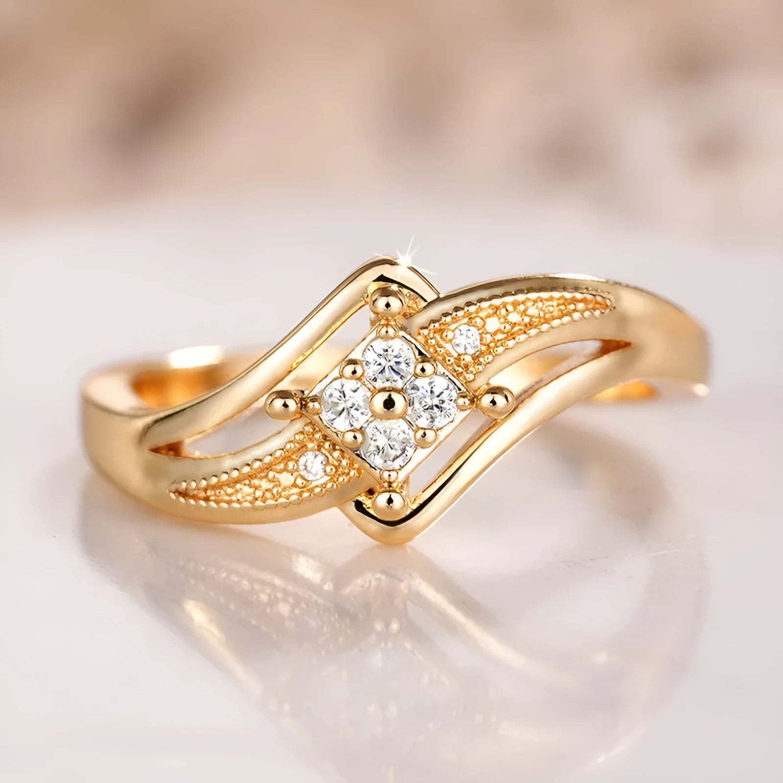 Yellow gold copper diamond ring with geometric quadrangle design and micro zircon inlay