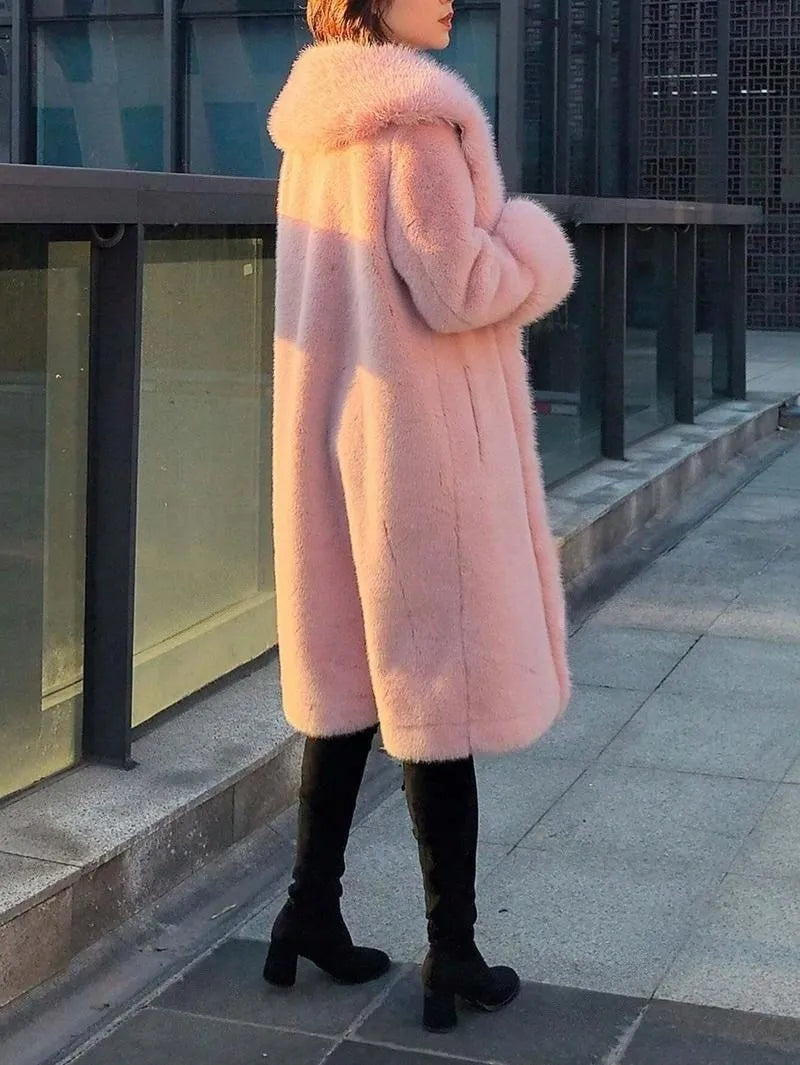 Women's thick artificial fur coat in mid-length 80cm design with matching fur collar