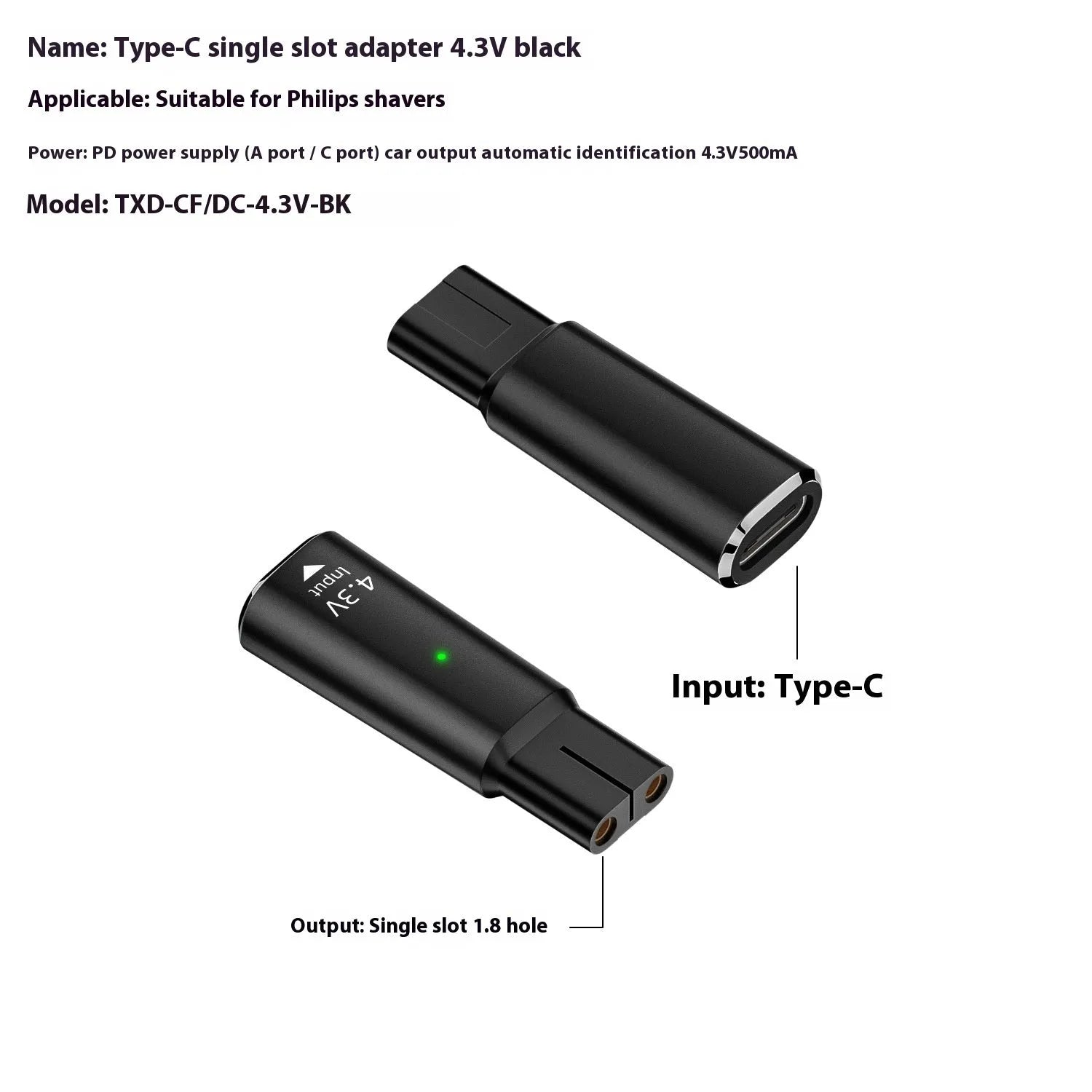 Black or grey USB-C charging adapter for electric shavers with 4.3V 8W output