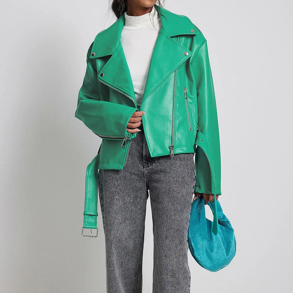 Black punk-style short jacket with a Peter Pan collar and a belt detail on the lapel.