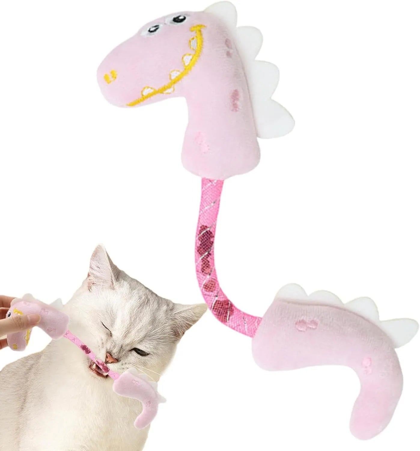 Four different cat chew toys including rope, spring, and plush kicker types in pink, purple, or yellow colours