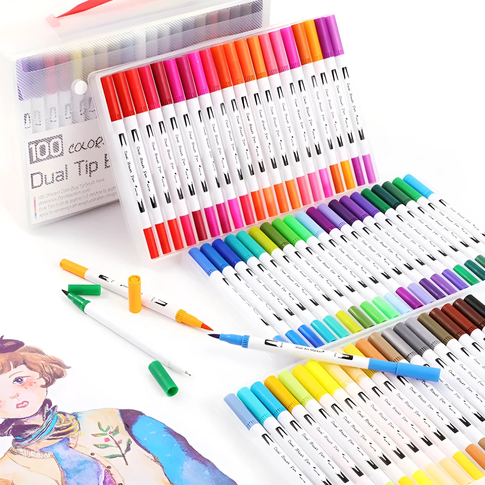 Set of watercolour pens in multiple colours arranged by shade for art and promotional use