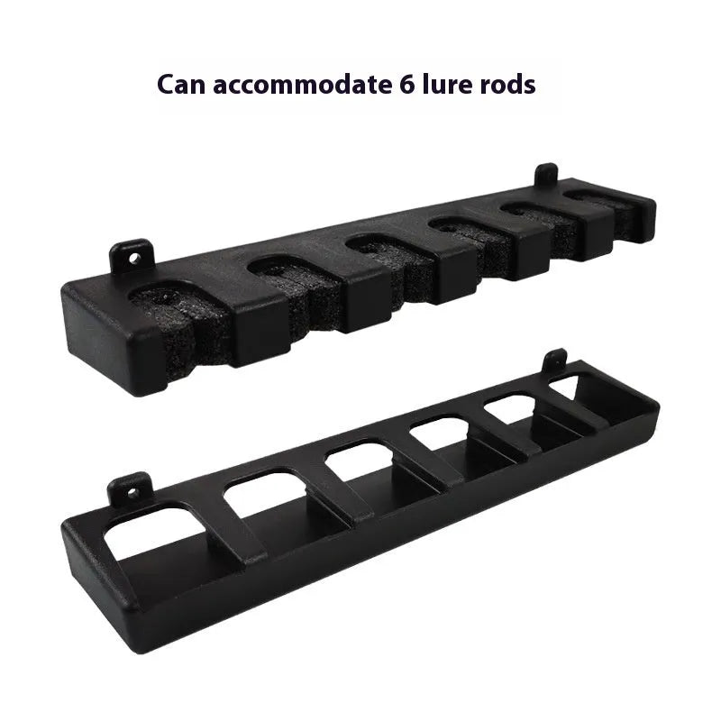 Black ABS fishing rod wall mount display stand showing upright and horizontal mounting options