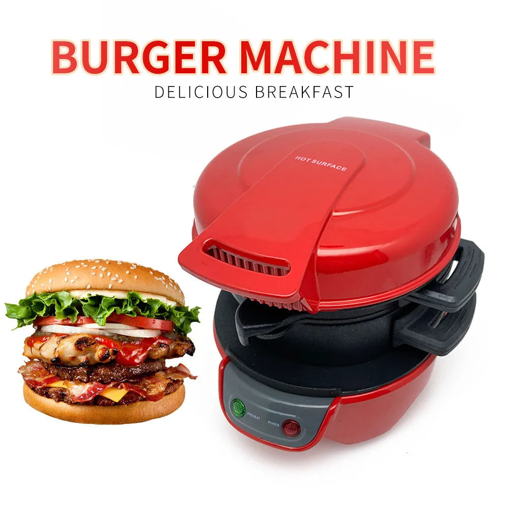 Bright red multifunctional breakfast machine with sandwich plates, waffle grid, and egg cooker ring on a kitchen counter.