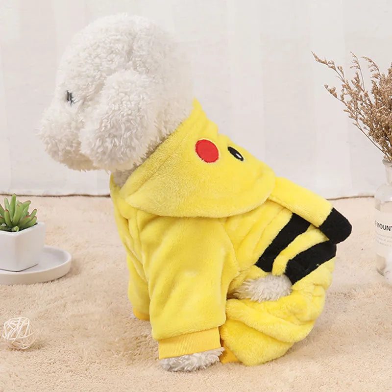 Pet fleece coat in cartoon costume design for cats and dogs, available in sizes XS to XXL