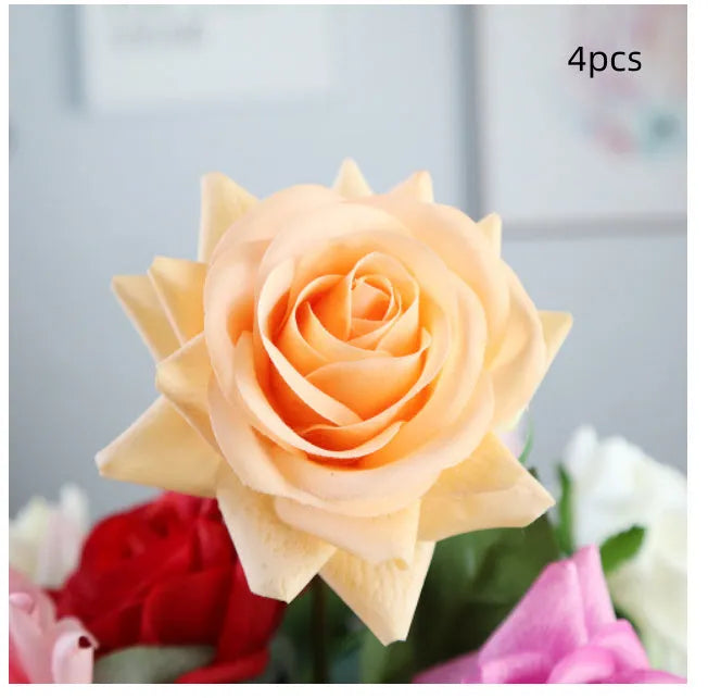 Silk artificial rose bouquet with 8.5cm flower heads in red, orange, white or purple fringe pink colours