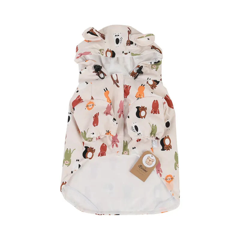 Beige cartoon pattern dog raincoat with double waterproof coating and PU material