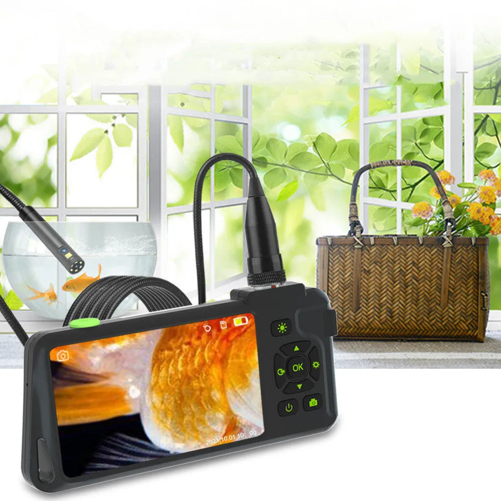 Handheld industrial endoscope with 4.5-inch colour screen and 1-metre probe for automotive inspection.