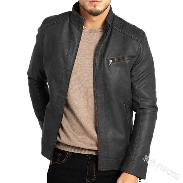Men's brown punk-style artificial leather motorcycle jacket with a stand collar and patch pockets.