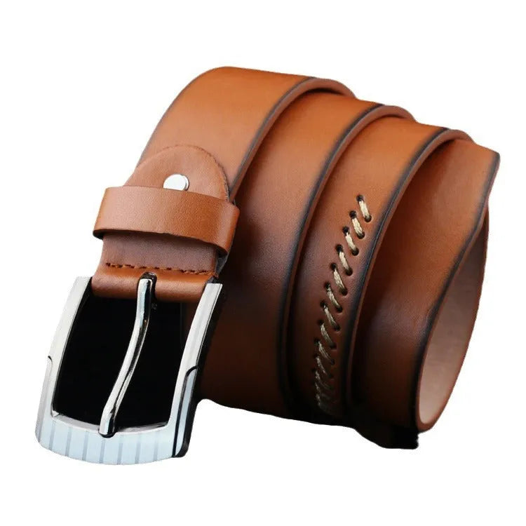 Men's retro style casual belt with pin buckle and pattern detail on imitation leather strap.