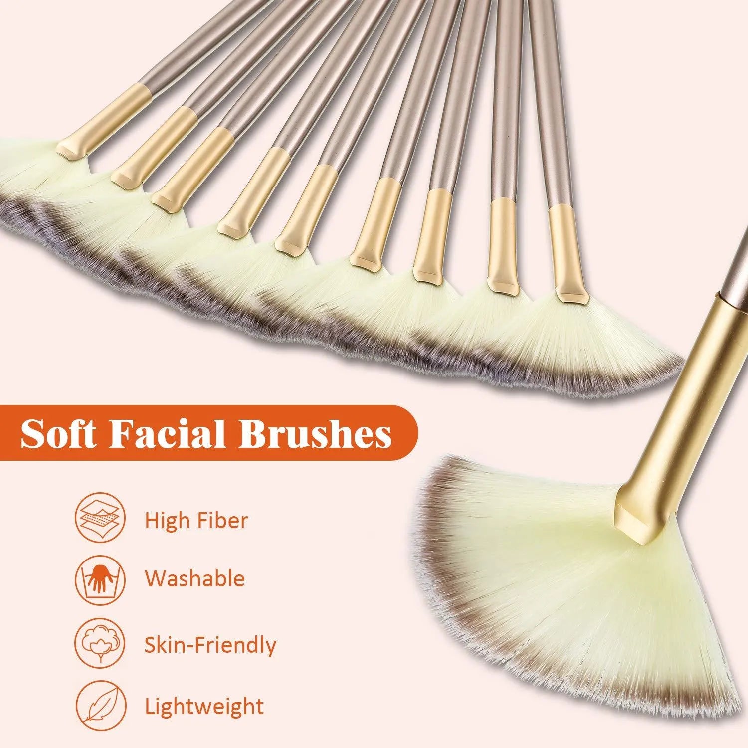 Set of 10 professional fan makeup brushes with champagne handles and protective covers.