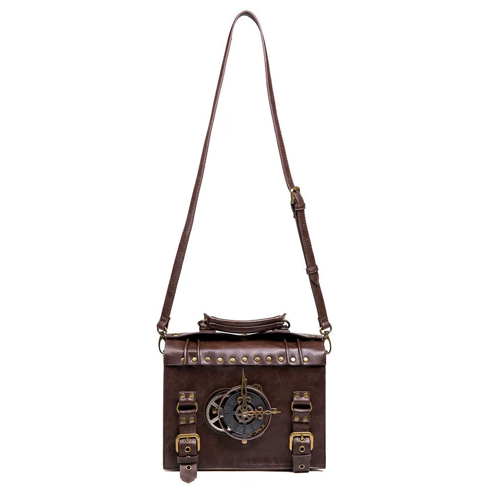 Bronze steampunk industrial retro style shoulder bag with metal details and pillow shape.
