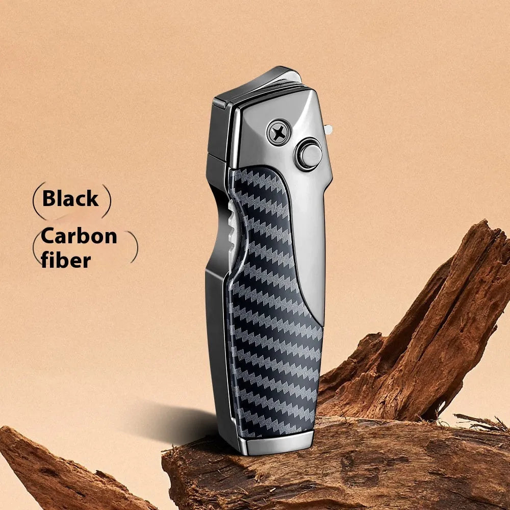 Zinc alloy folding lighter tool with integrated knife in a black wood grain finish.