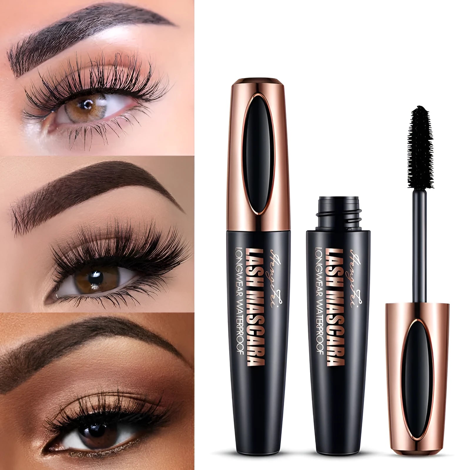 Black waterproof and sweat-proof mascara tube for long-lasting, smudge-resistant volume and curl.