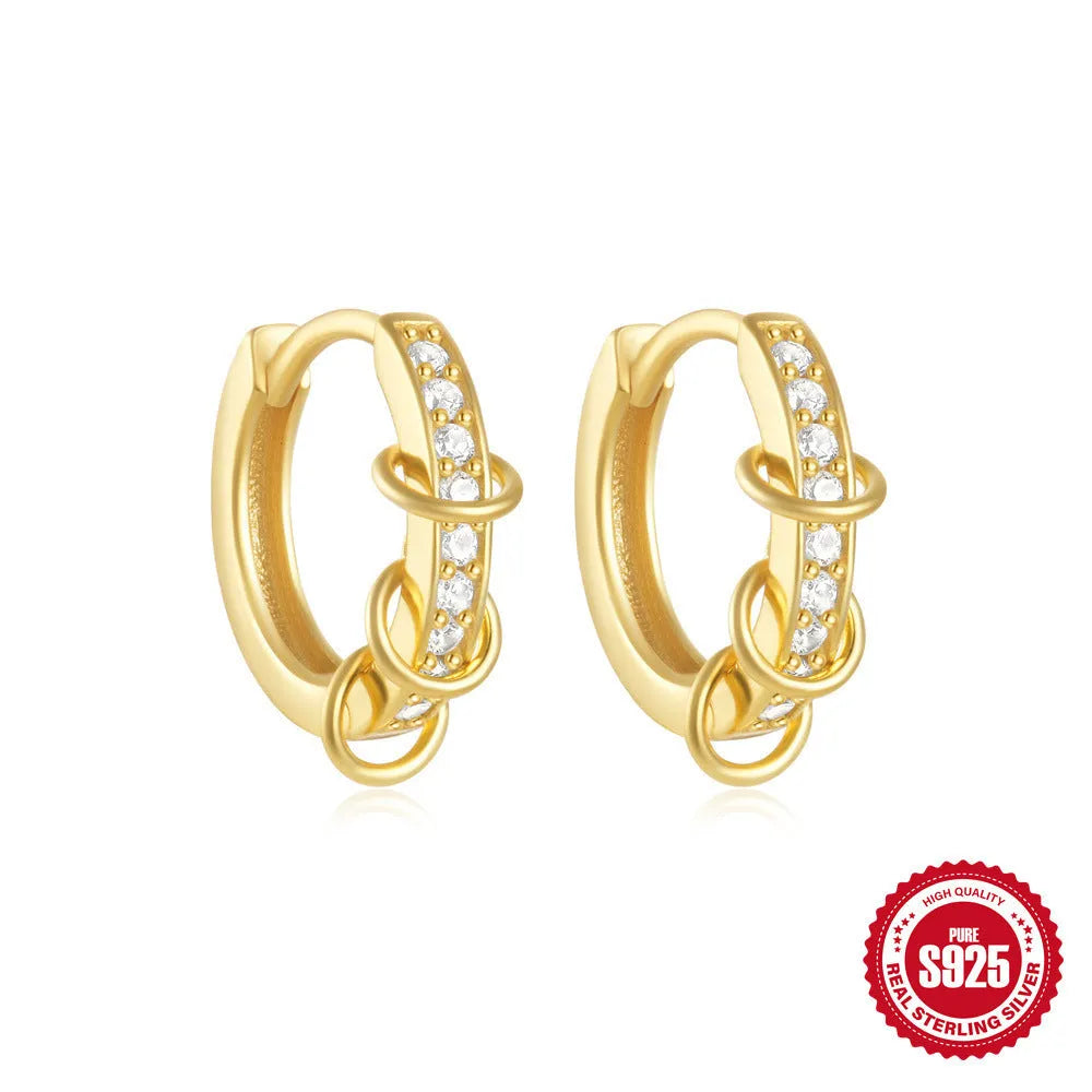 Small round geometric sterling silver stud earrings with a diamond shape, available in gold or silver finish.