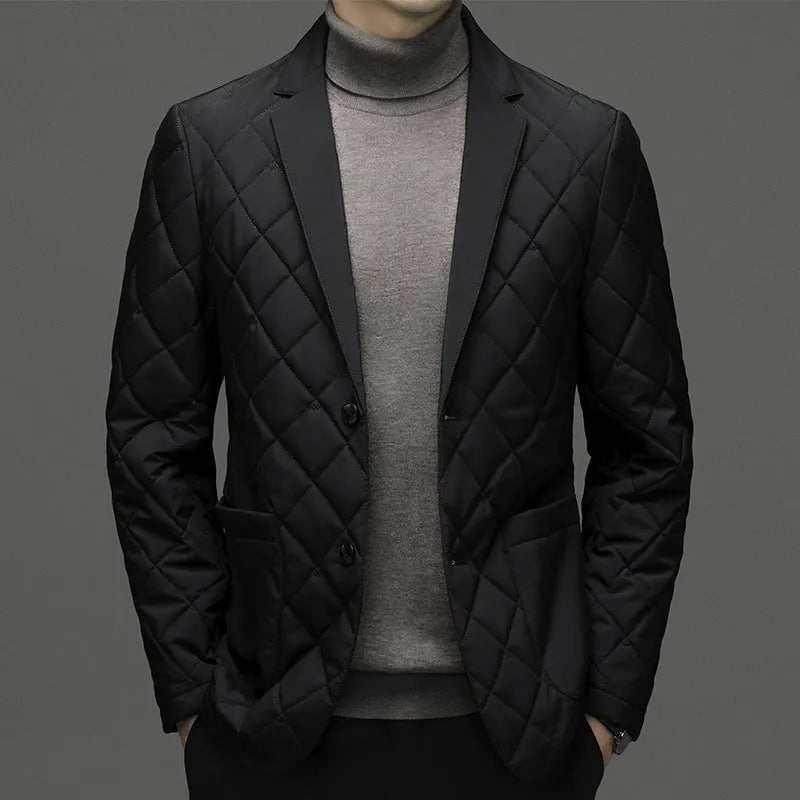 Men's black winter down jacket with cardigan-style lapel and side seam pockets