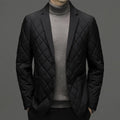 Men's black winter down jacket with cardigan-style lapel and side seam pockets