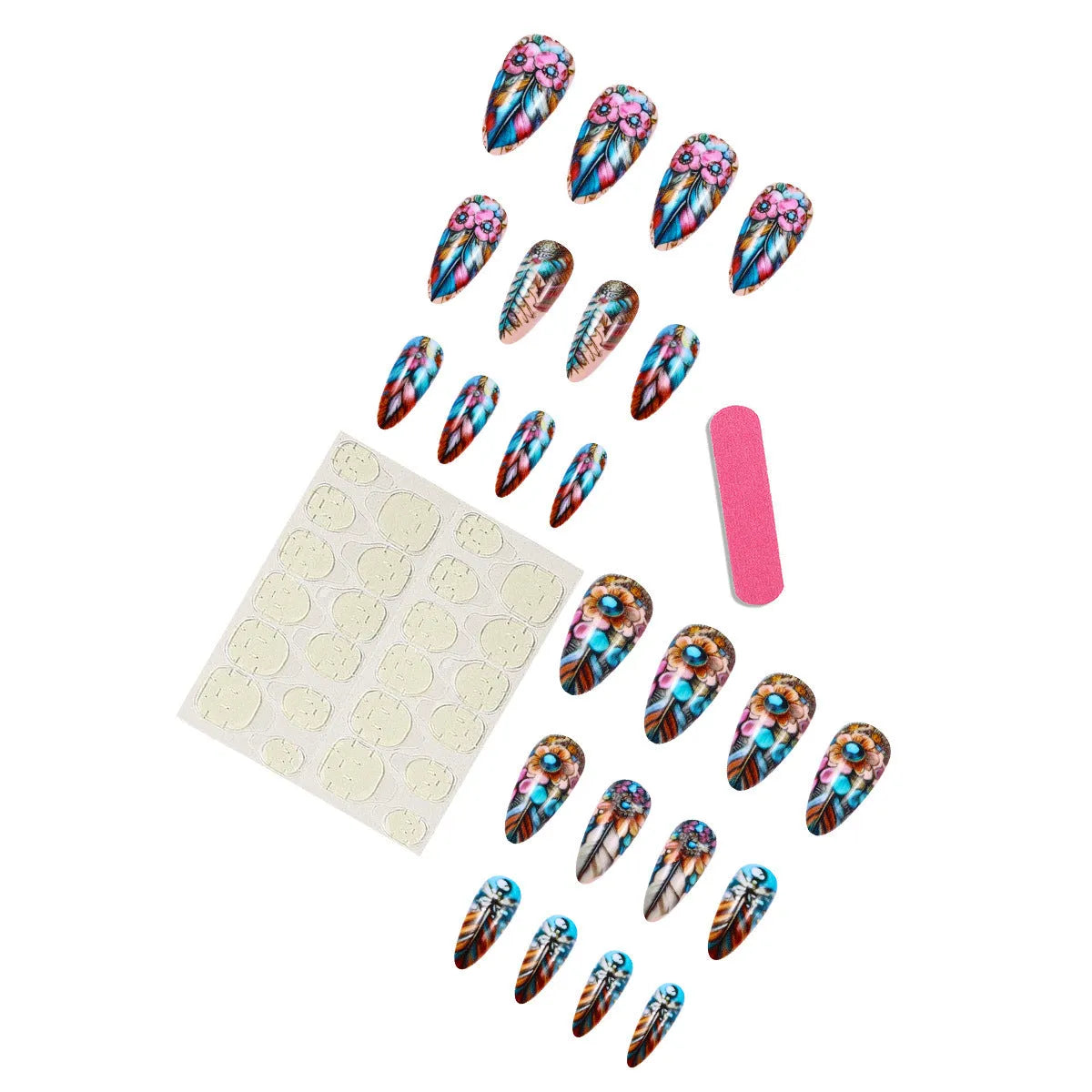 Colourful retro feather design nail art armour plates with cartoon, heart, and butterfly patterns.