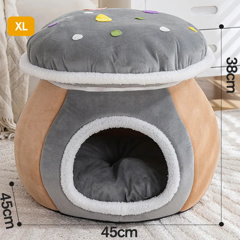 Grey mushroom-shaped hooded cat bed made of soft rabbit plush, shown with a cat inside.