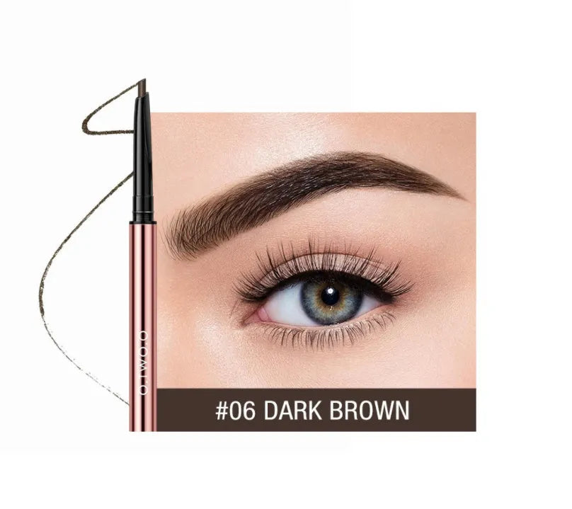 Eyebrow makeup pencil in colour box with six shade options including Auburn and Taupe.