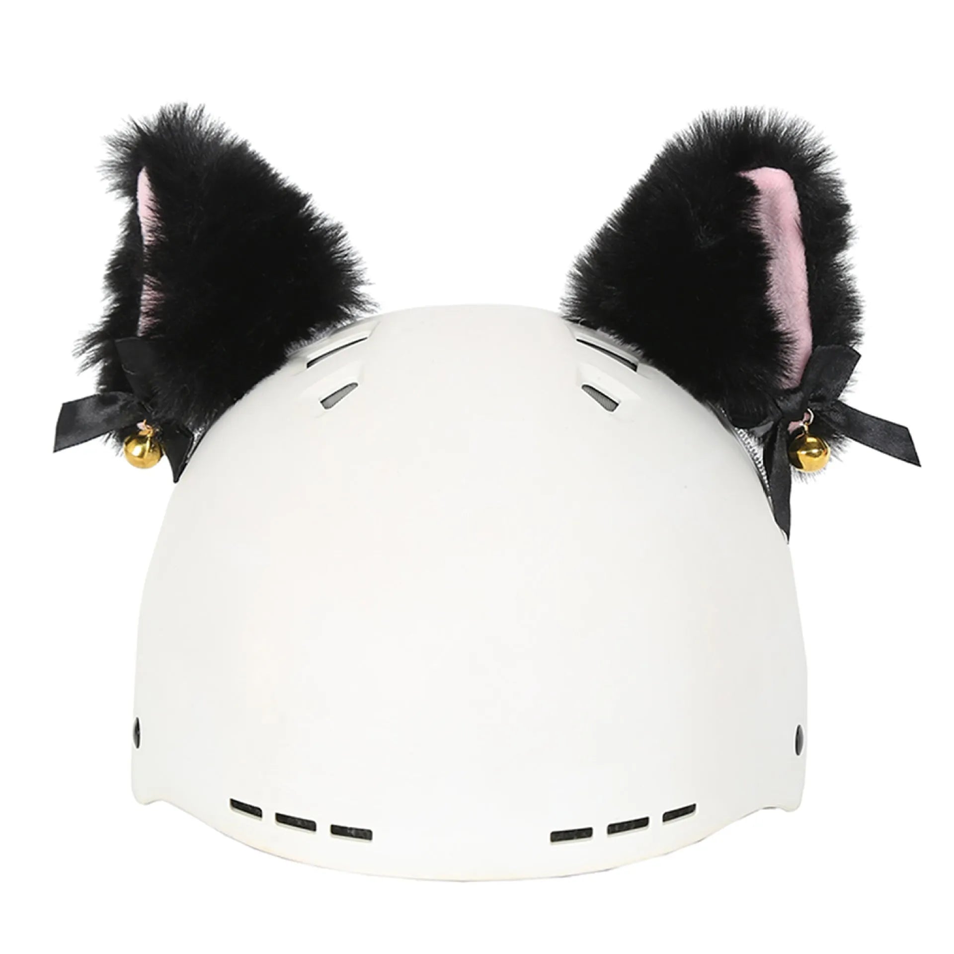 Plush fabric ski helmet decoration with cartoon design on a black ski helmet.
