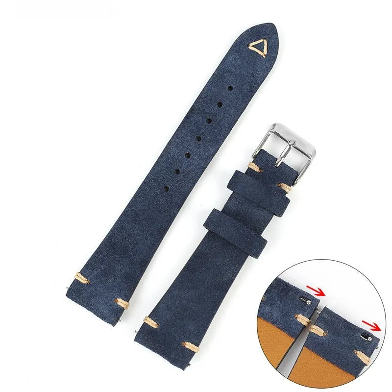 Genuine suede leather watch strap in brown, shown fitted to a watch with a 20mm lug width.