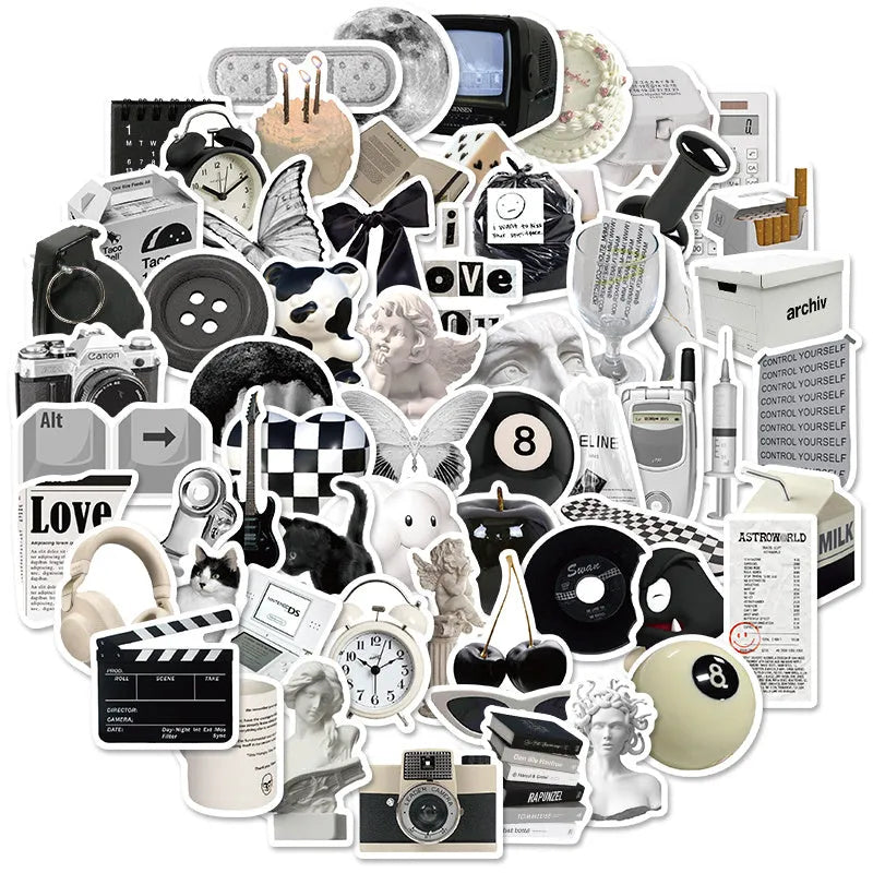 61-piece black and white waterproof PVC sticker set for laptops, phones, and luggage.